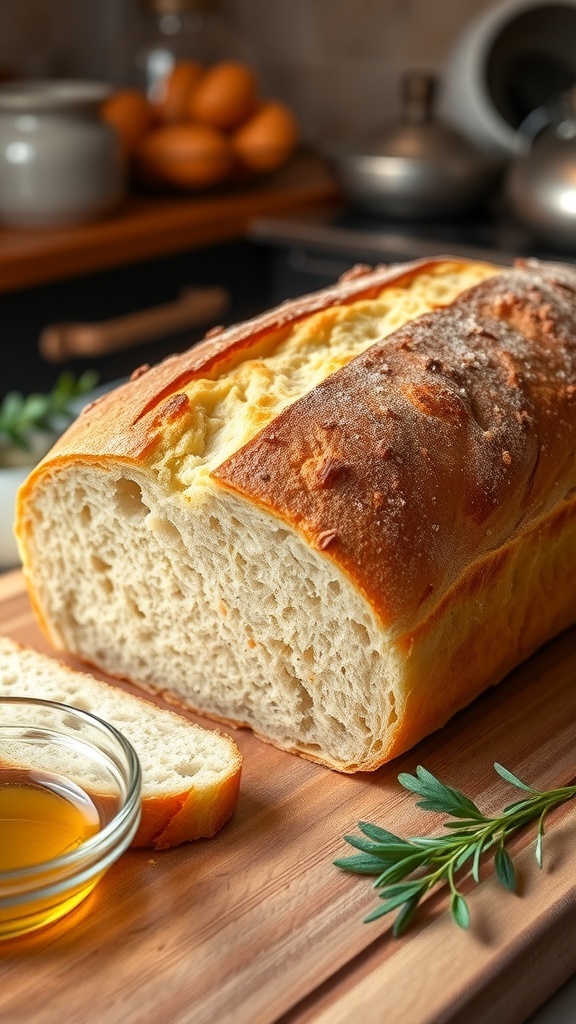 Homemade No-Sugar Bread Recipe A freshly baked no-sugar bread loaf, sliced, on a wooden board with olive oil and herbs.